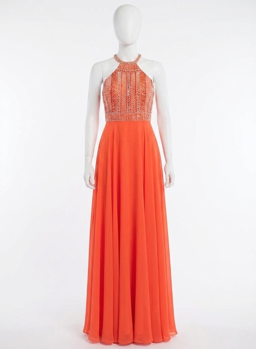 NEW RACHEL ALLAN open back beaded chiffon gown in tangerine